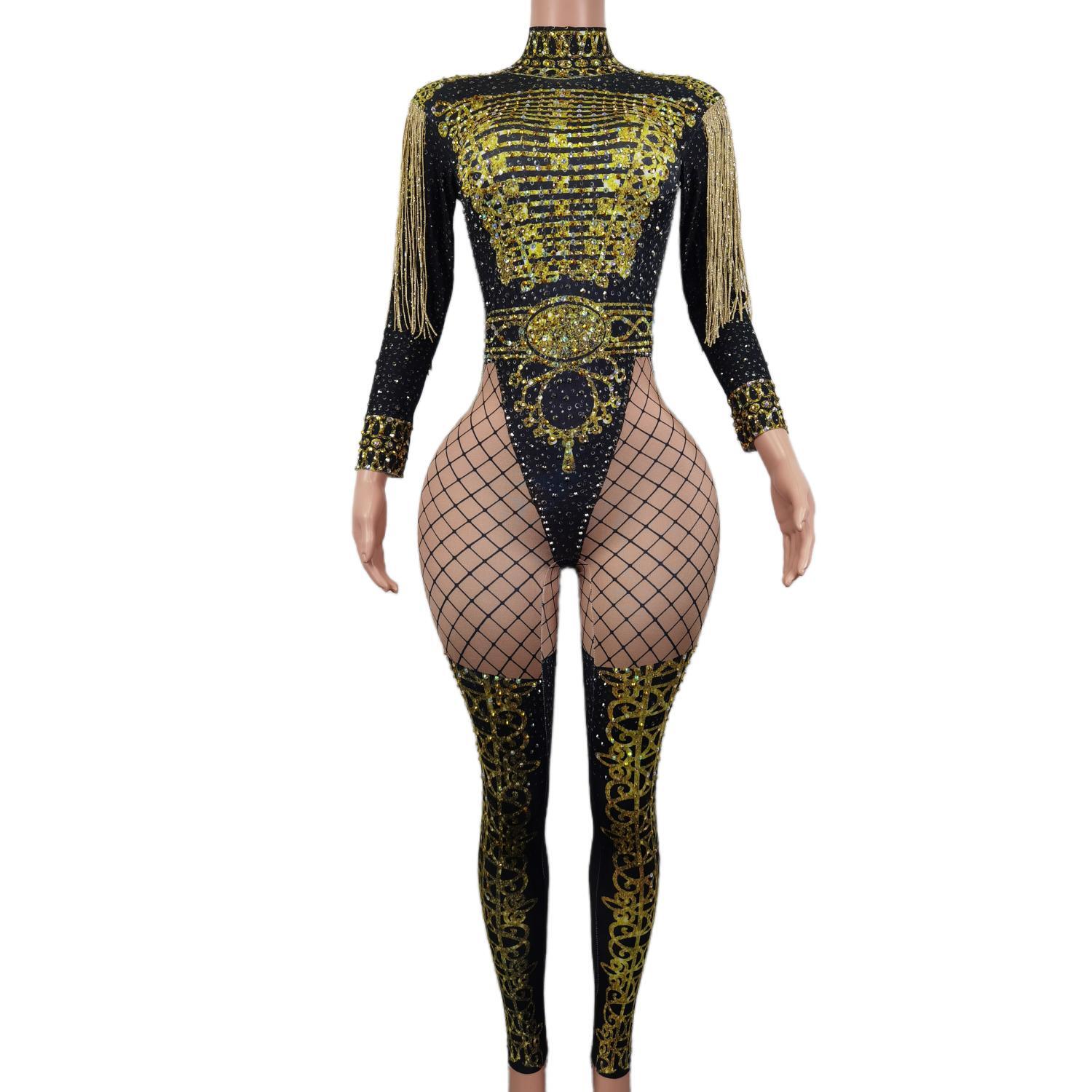 Luxury Outfit Dance Stage Show Nightclub Costume Singer Jumpsuits Wear Glisten Black Gold Crystals Bodysuit with Tassel