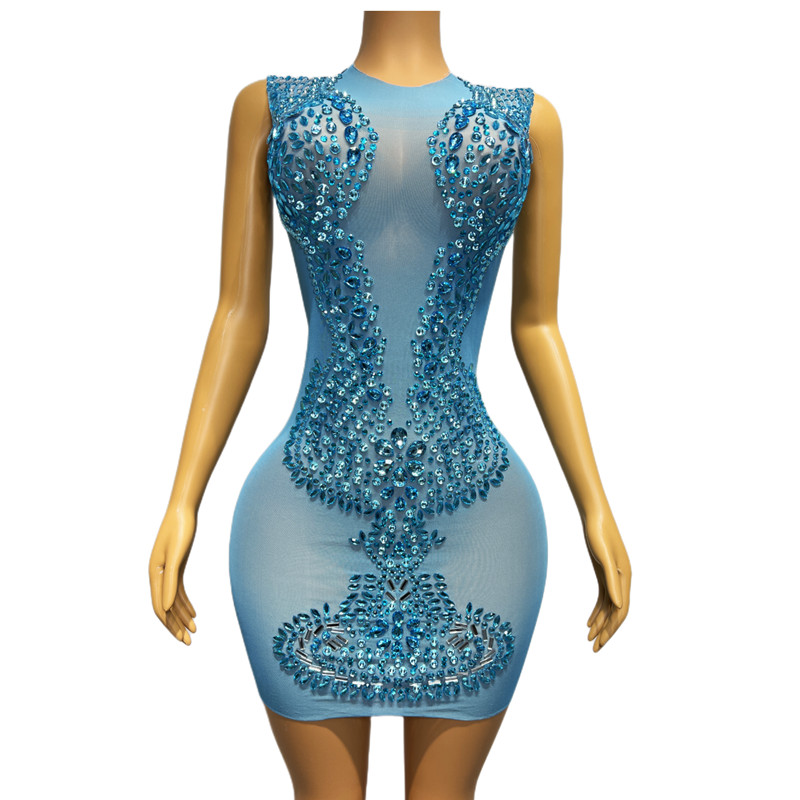 Sparkly Blue Rhinestones Transparent Mesh Tight Short Dress for Women Evening Celebrate Birthday Party Performance Stage Costume