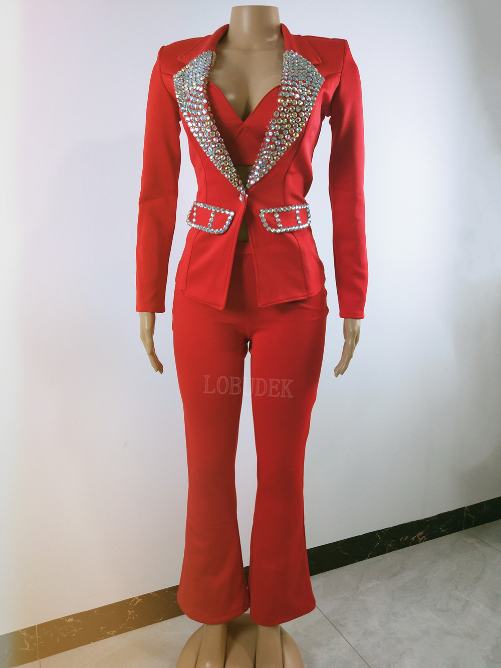 Women Pantsuits Red Rhinestones Collar Blazer Bra Pants 3 Piece Set Fashion Birthday Prom Banquet Party Outfit Formal Clothes