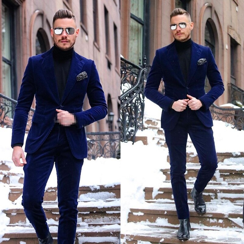 Navy Blue Velvet Suits Tailored Made Wedding Groom Slim Fit Tuxedos Prom Party Costume