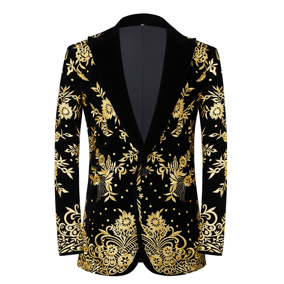Men's Gold Floral Embroidery Dress Suit Jacket Lapel Collar Velvet Slim Fit Wedding Tuxedo Blazer Banquet Host Party Costume