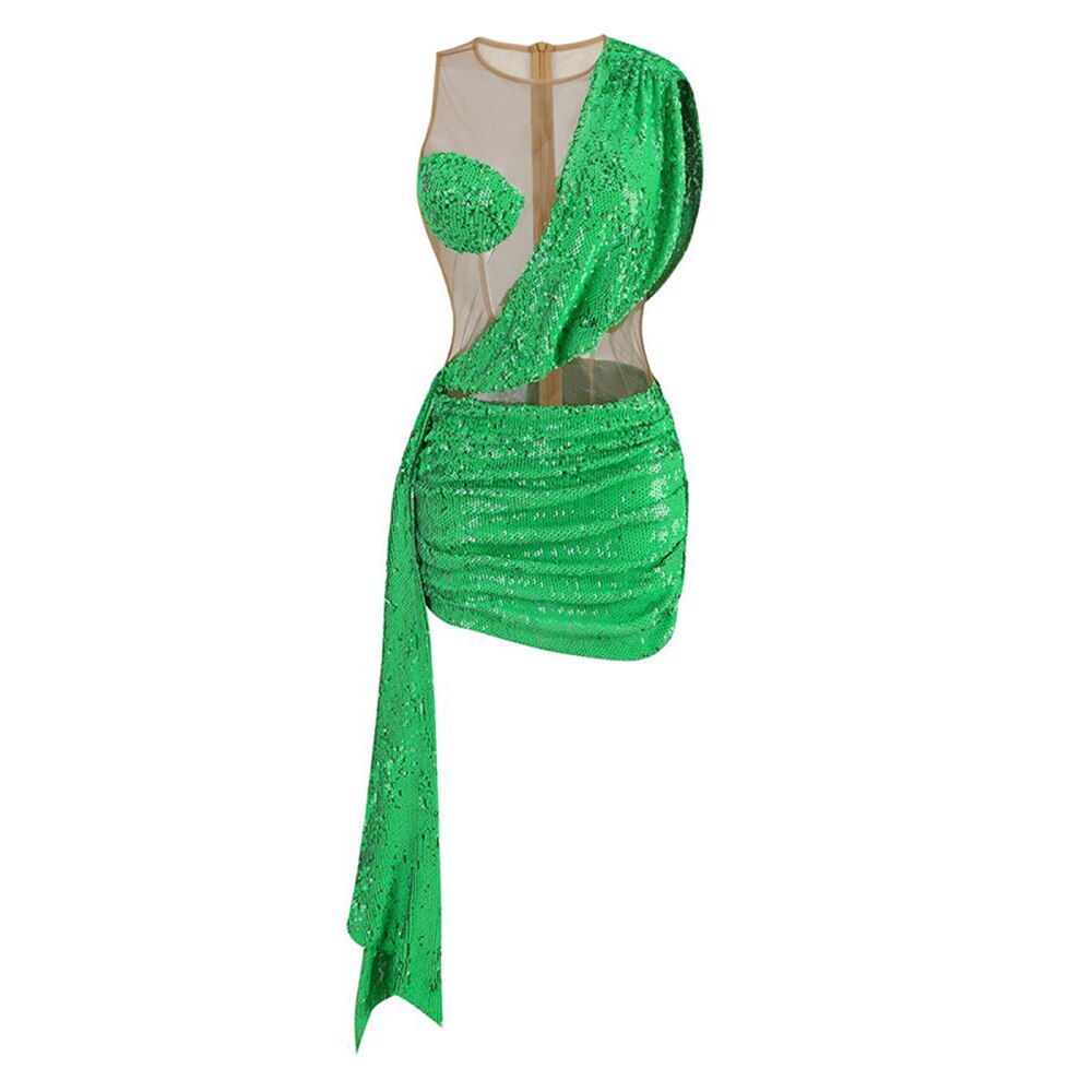 Sexy and Hot Heavy Sequined Gauze Stitching Diagonal Shoulder Luxury Dress