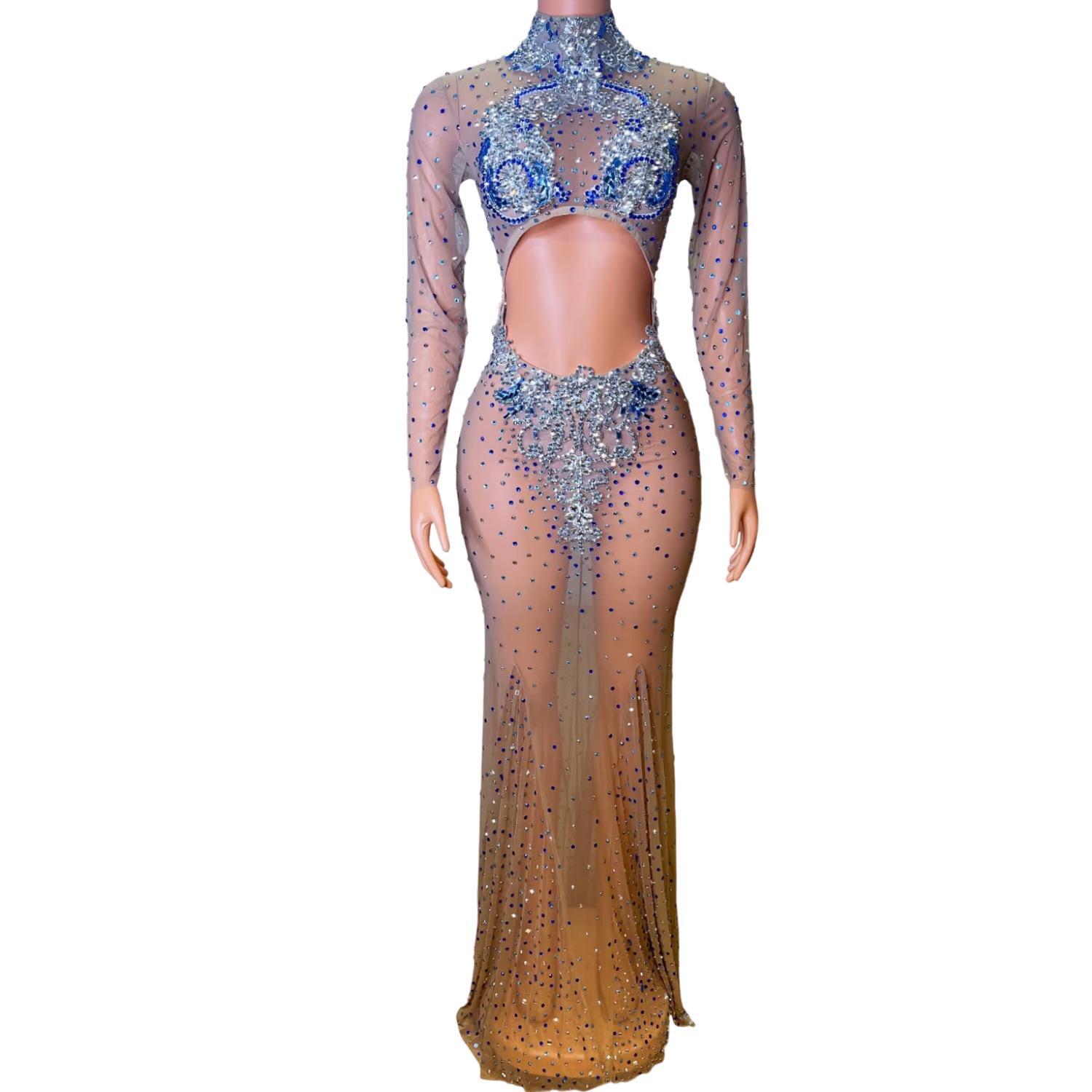 Sexy Birthday Evening Prom Celebrate Dress Women Sparky Rhinestones Hollow Out See Through Long Dress Photo Shoot Wear