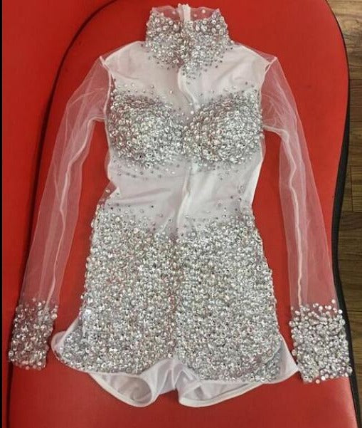 Sexy Blue Stones Transparent Dance Wear Rompers Birthday Party Outfit Rhinestones Bodysuits Singer Team Dance Costume