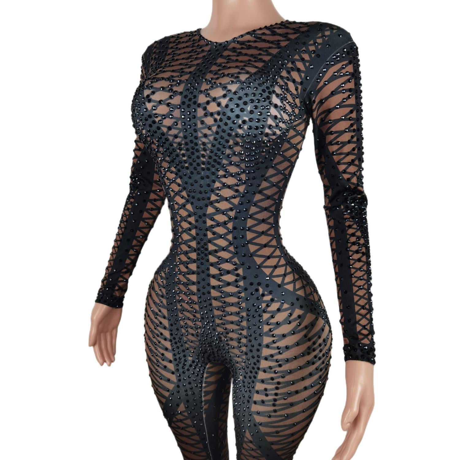 Sexy Geometric Patterns Jumpsuit Woman Sparkly Stones Bodysuit Stage Wear Celebrate Female Singer Crystals Costume Outfit