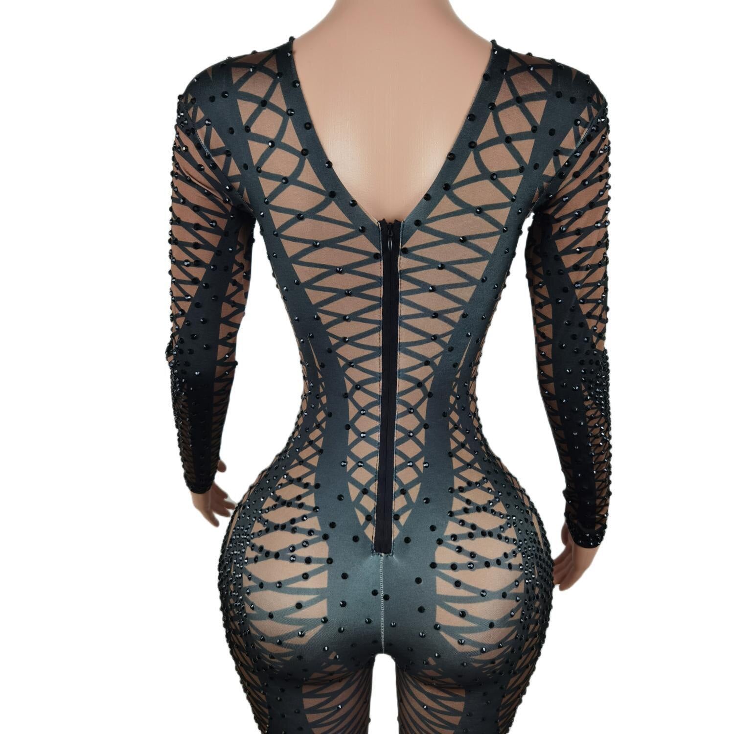 Sexy Geometric Patterns Jumpsuit Woman Sparkly Stones Bodysuit Stage Wear Celebrate Female Singer Crystals Costume Outfit