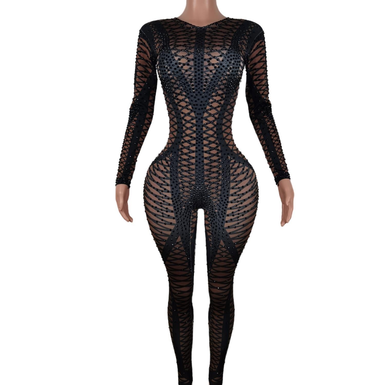 Sexy Geometric Patterns Jumpsuit Woman Sparkly Stones Bodysuit Stage Wear Celebrate Female Singer Crystals Costume Outfit