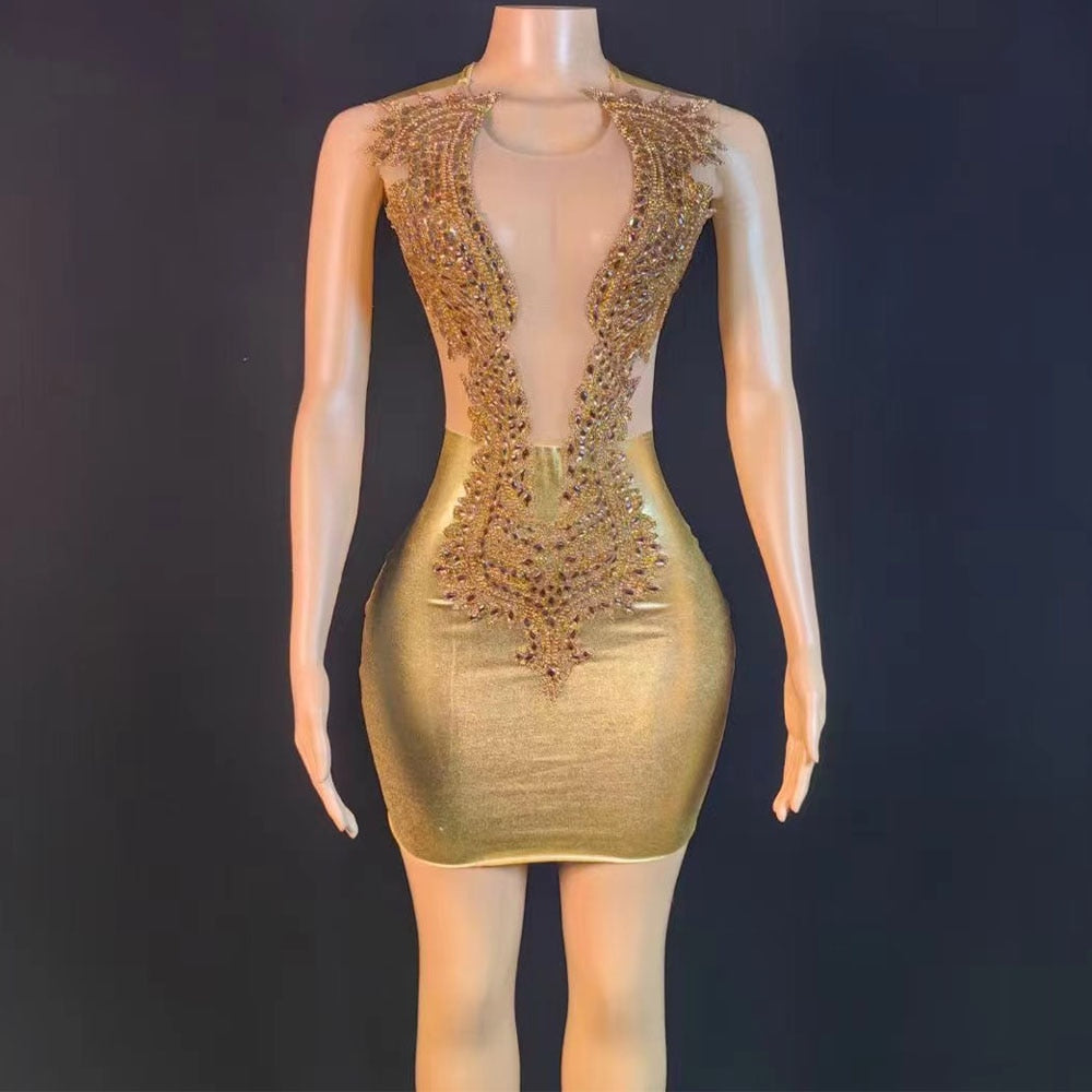 Sexy Gold Sparkly Rhinestones Short Dress Mesh Transparent Birthday Evening Celebriate Dress Performance Costume Stage Wear