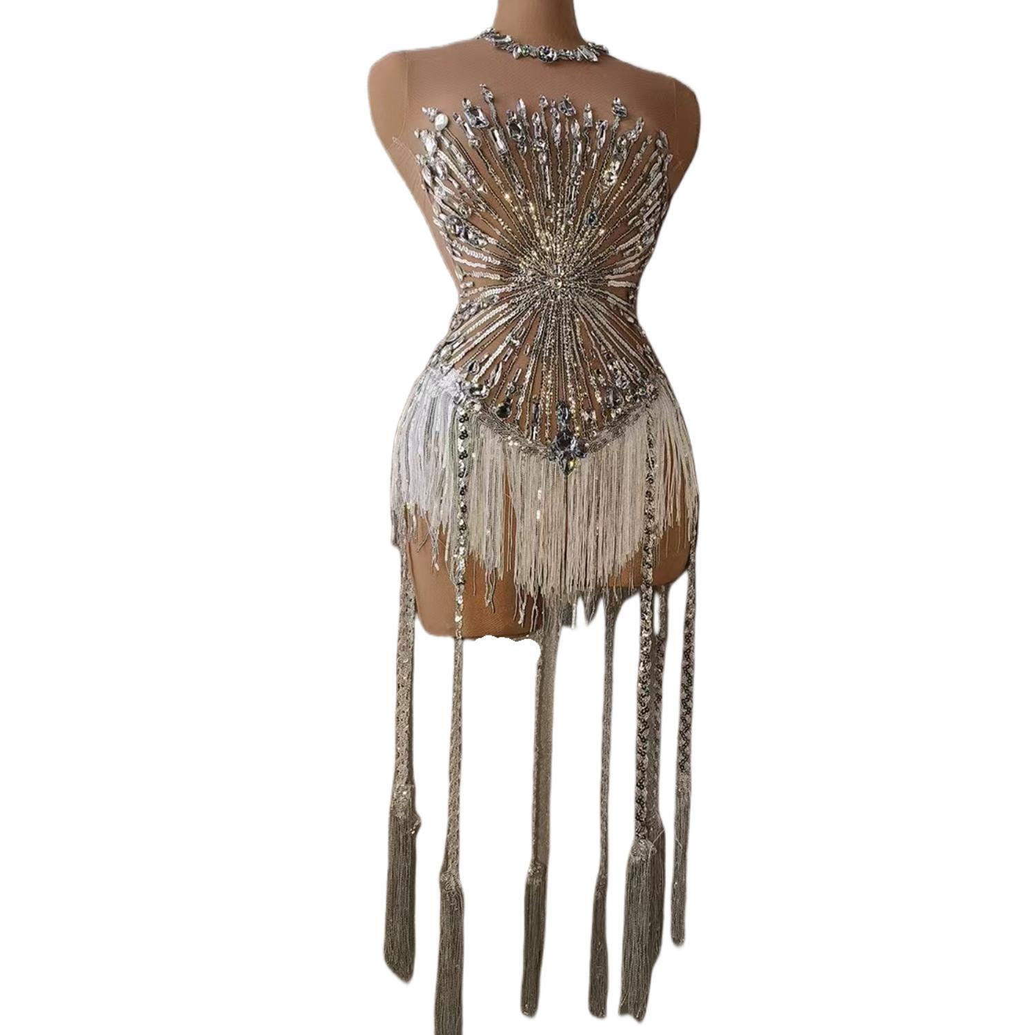 Sparkly Rhinestones Sequins Fringes Leotard Women Sexy Mesh Transparent Performance Dance Costume Stage Wear Club Outfit