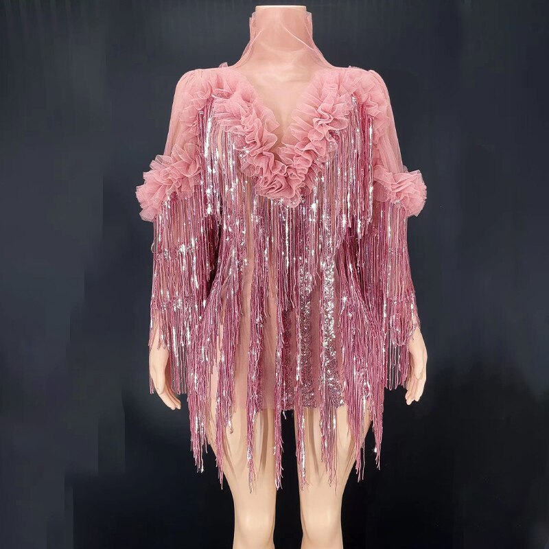 Sexy Shining Sequins Fringes Dress Mesh Perspective Dance Costume Party Birthday Dress Club Outfit Performance Show Dance Wear