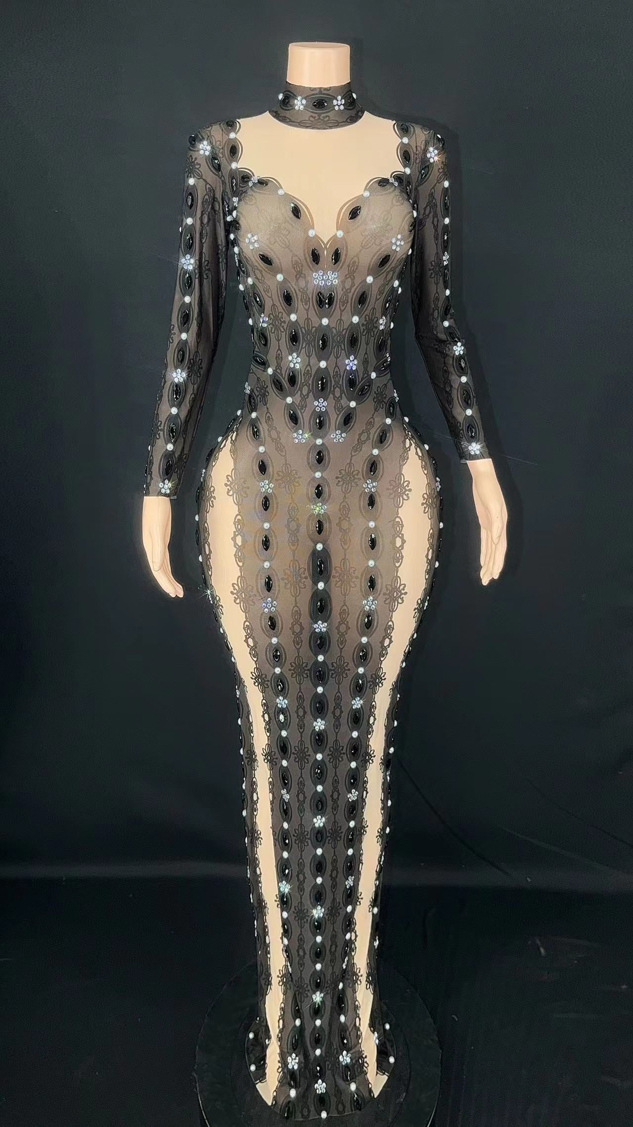 Sexy Stage Mesh Transparent Pearls Rhinestons Long Dress Women Evening Prom Celebrate Birthday Dress Singer Show Stage Wear