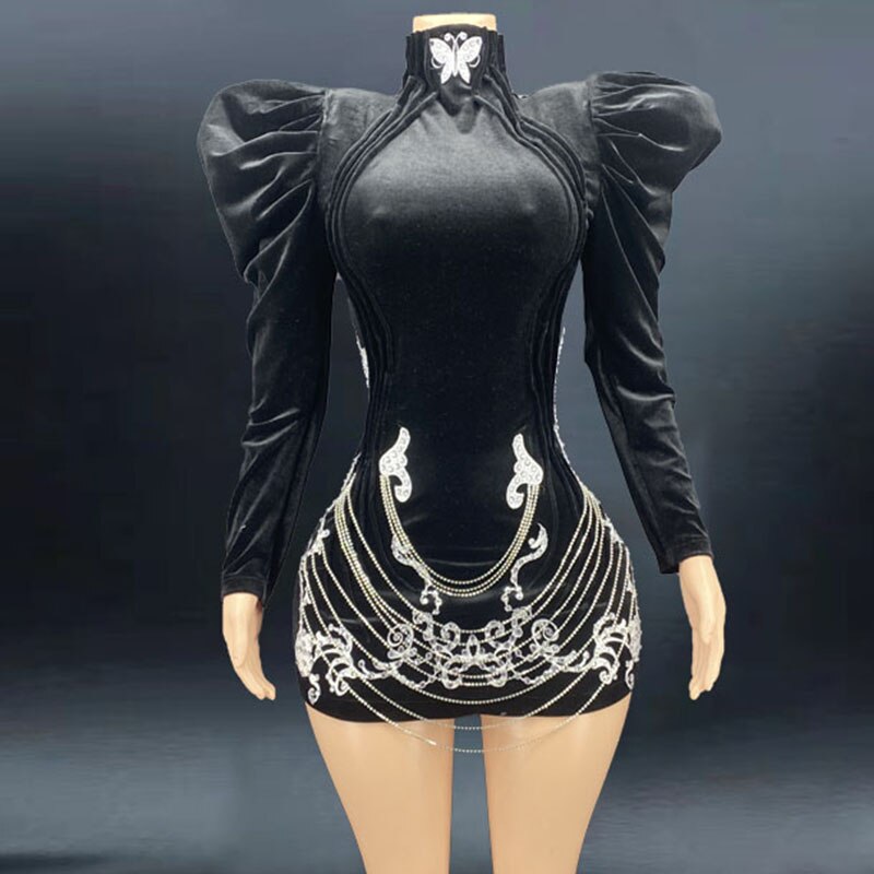 Sexy Stage Shining Crystals Black Velvet Evening Celebrate Big Shoulder Dress Dance Prom Outfit Birthday Sexy Singer Costume