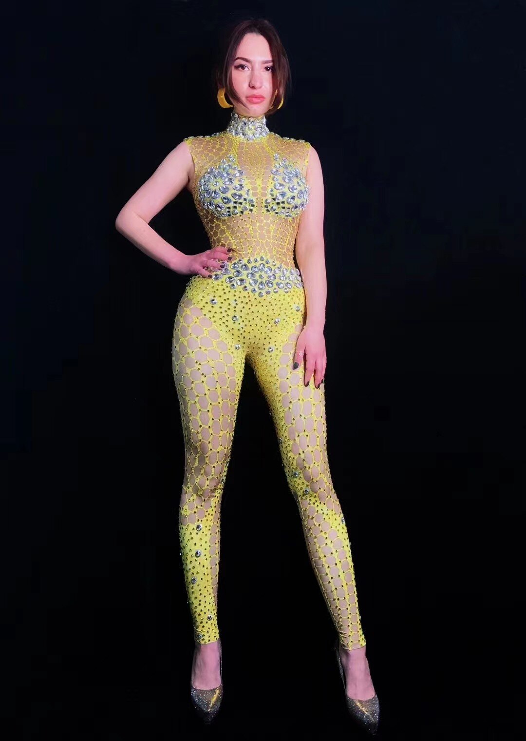 Sexy Stage Sparkly Rhinestones Yellow Jumpsuit Nigntclub Outfit Dance Costume Performance Costume Party Celebrate Stage Wear