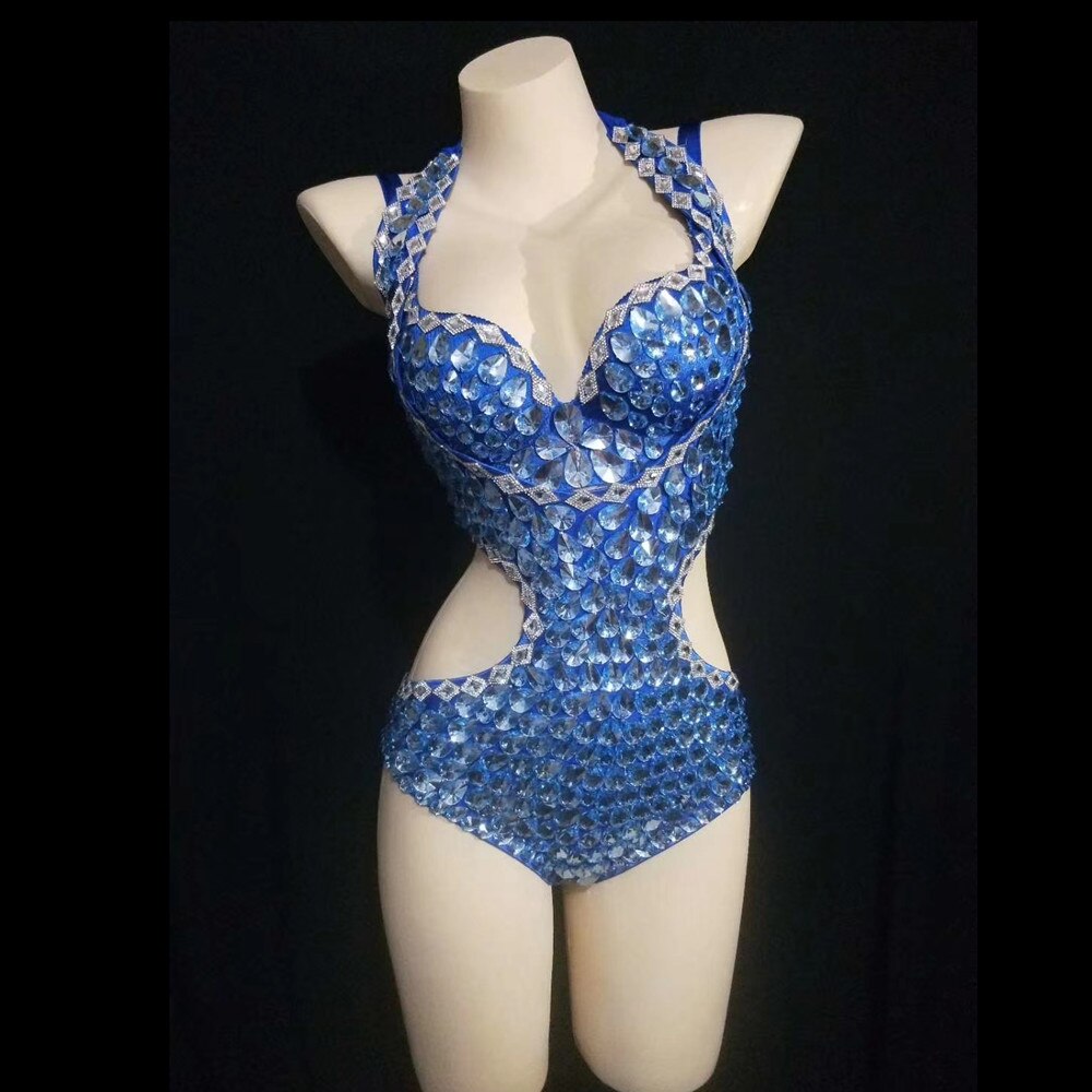 Shining Blue Rhinestone Bra + Bodysuit Women Sexy Crystal Stage Outfit Sets Nightclub Party Costumes Pole Dance Performance Wear