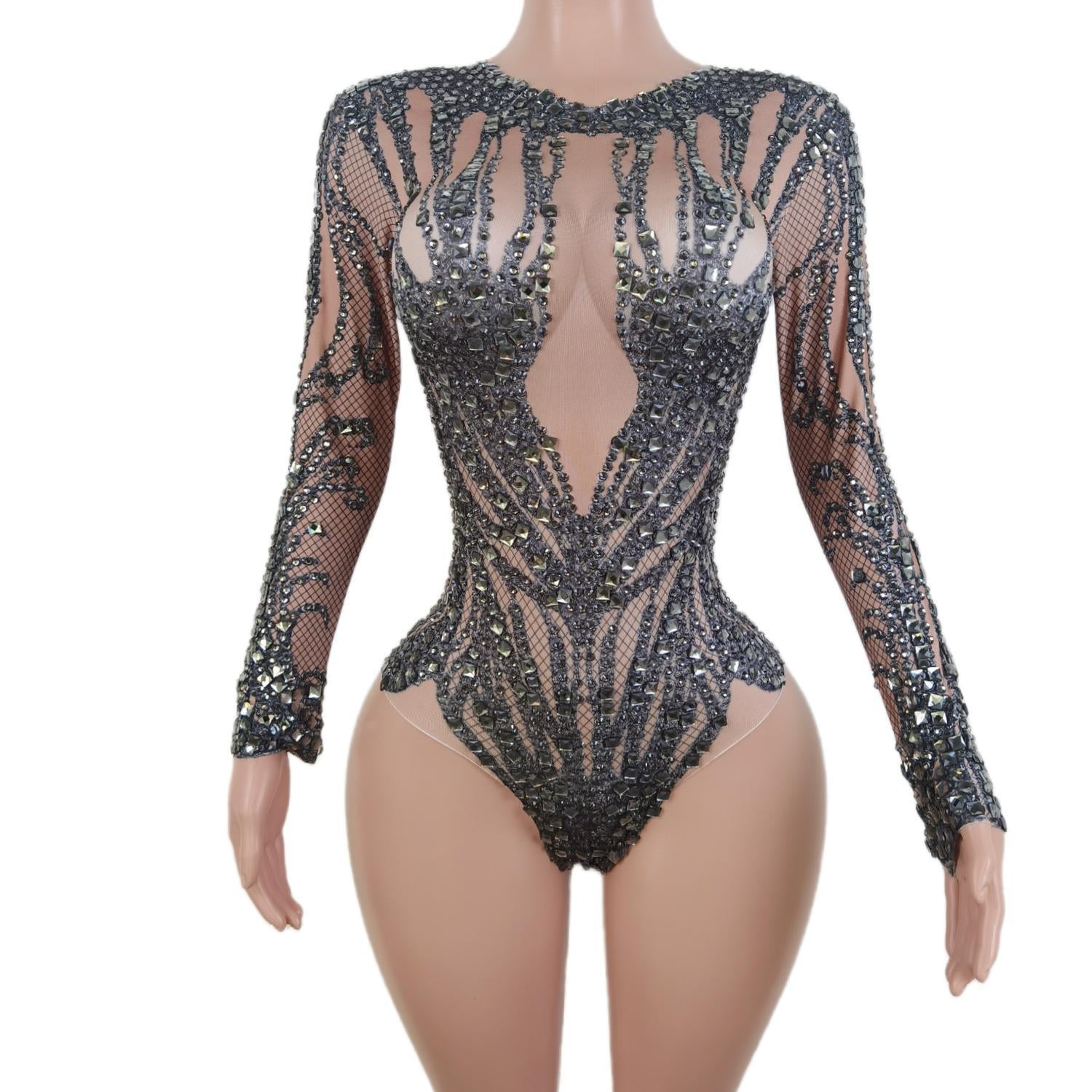 Shining Rhinestone Long Sleeve Stretch Tight Rompers Nightclub Bar Showgirl Dance Leotard Crystals Bodysuits Women Party Costume