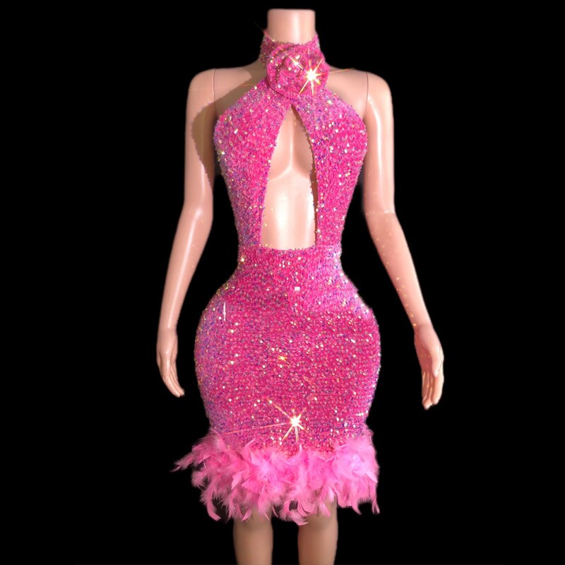 Shiny Pink Sequins Dress Sexy Halter Feather Evening Dress Women Dancer Costume Birthday Celebrate Outfit Stage Wear