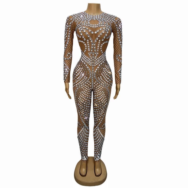 Silver Crystals Sexy Nude Stretch Rompers Leggings One-piece Costume Jumpsuit Outfit Pattern Bodysuit Birthday Wear 