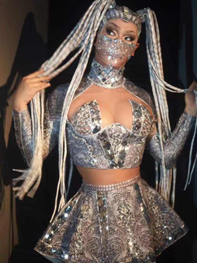 Silver Sparkly Rhinestones Sexy A-Line Mini Dress Nightclub Bar Singer Dancer Stage Wear Celebrate Birthday Party Dress Vestido