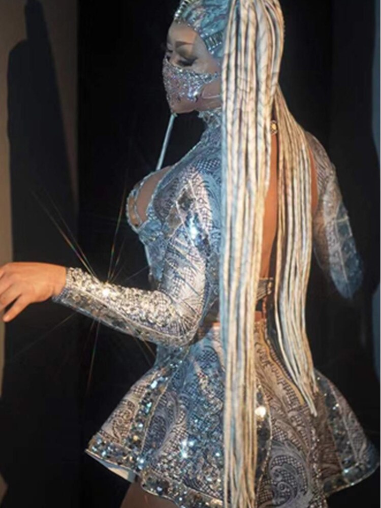 Silver Sparkly Rhinestones Sexy A-Line Mini Dress Nightclub Bar Singer Dancer Stage Wear Celebrate Birthday Party Dress Vestido