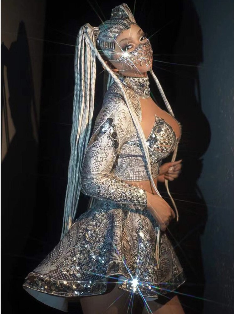 Silver Sparkly Rhinestones Sexy A-Line Mini Dress Nightclub Bar Singer Dancer Stage Wear Celebrate Birthday Party Dress Vestido