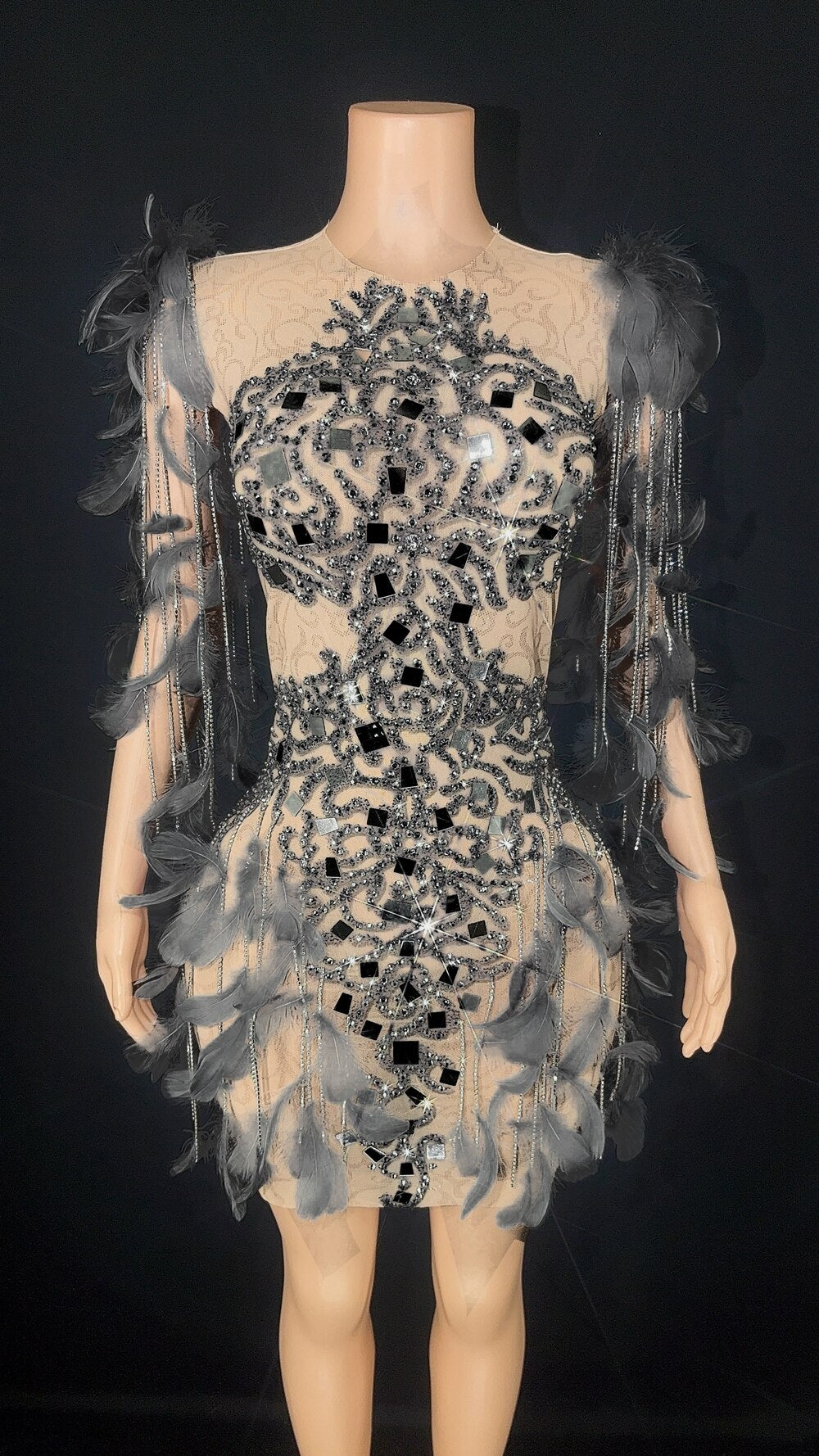 Sparkly Crytals Feathers Rhinestones Chains Short Dress Women Elegant Mesh Wedding Evening Celebriate Birthday Dress Stage Wear
