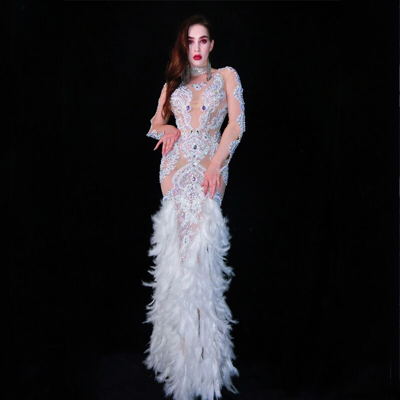 Sparkly Pearls Rhinestones Dress Women Singer Feather Dress Party Celebrate Evening Dresses Stage Festival Outfits