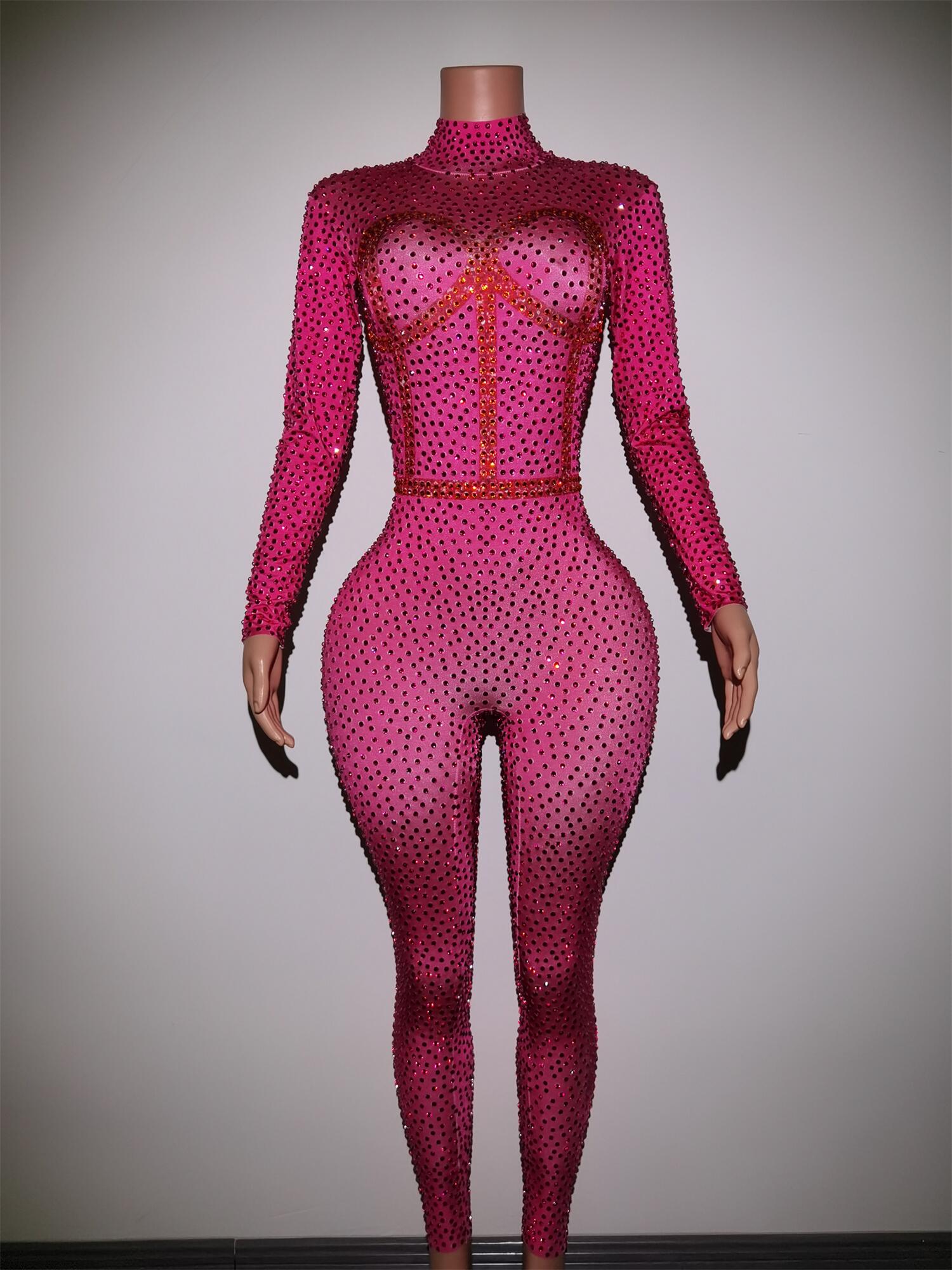 Sparkly Pink Crystals Jumpsuit Women's Sexy Leggings Costume Nightclub Dance Stage Wear Female Singer Stretch Outfit