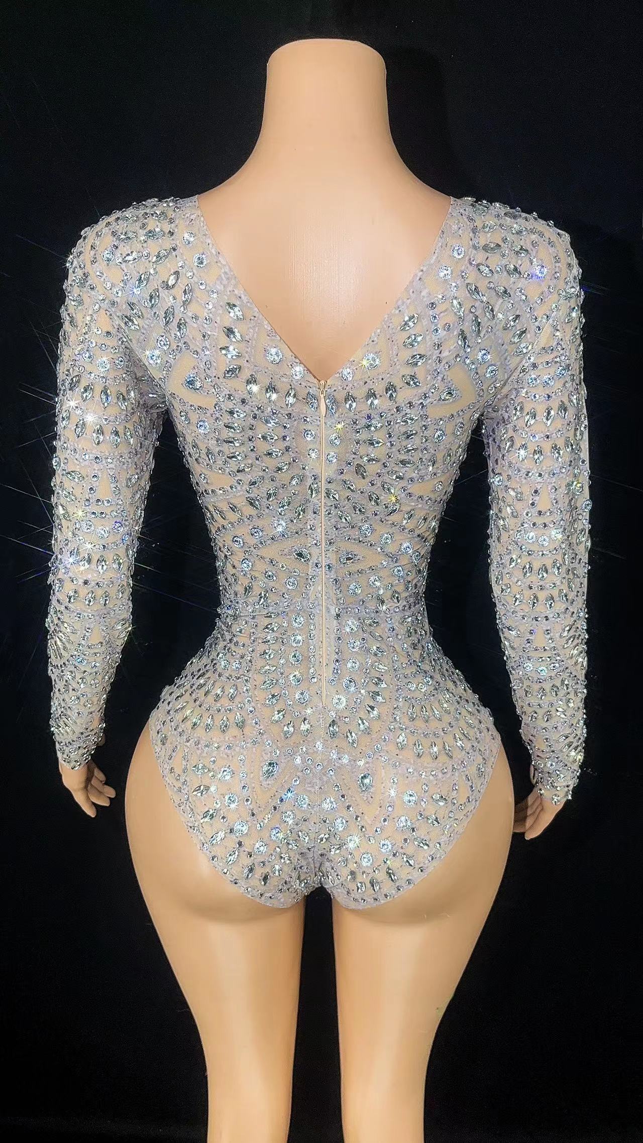 Sparkly Rhinestones Long Sleeve Mesh Transparent Photography Bodysuit Sexy Dance Costume Performance Club Leotard Stage Wear
