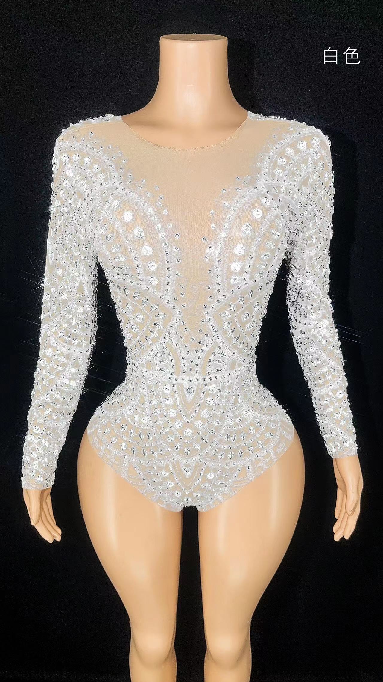Sparkly Rhinestones Long Sleeve Mesh Transparent Photography Bodysuit Sexy Dance Costume Performance Club Leotard Stage Wear