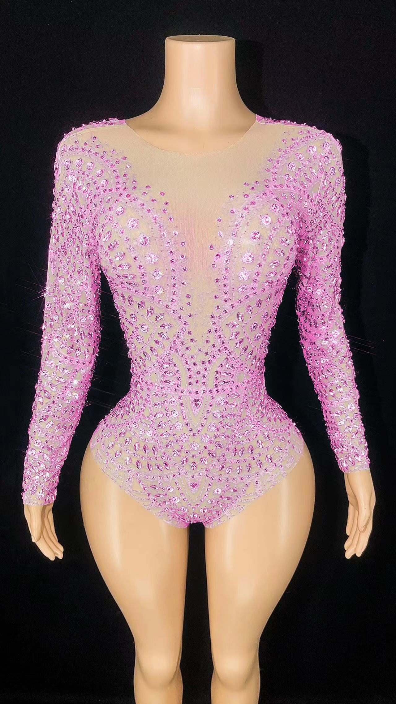 Sparkly Rhinestones Long Sleeve Mesh Transparent Photography Bodysuit Sexy Dance Costume Performance Club Leotard Stage Wear