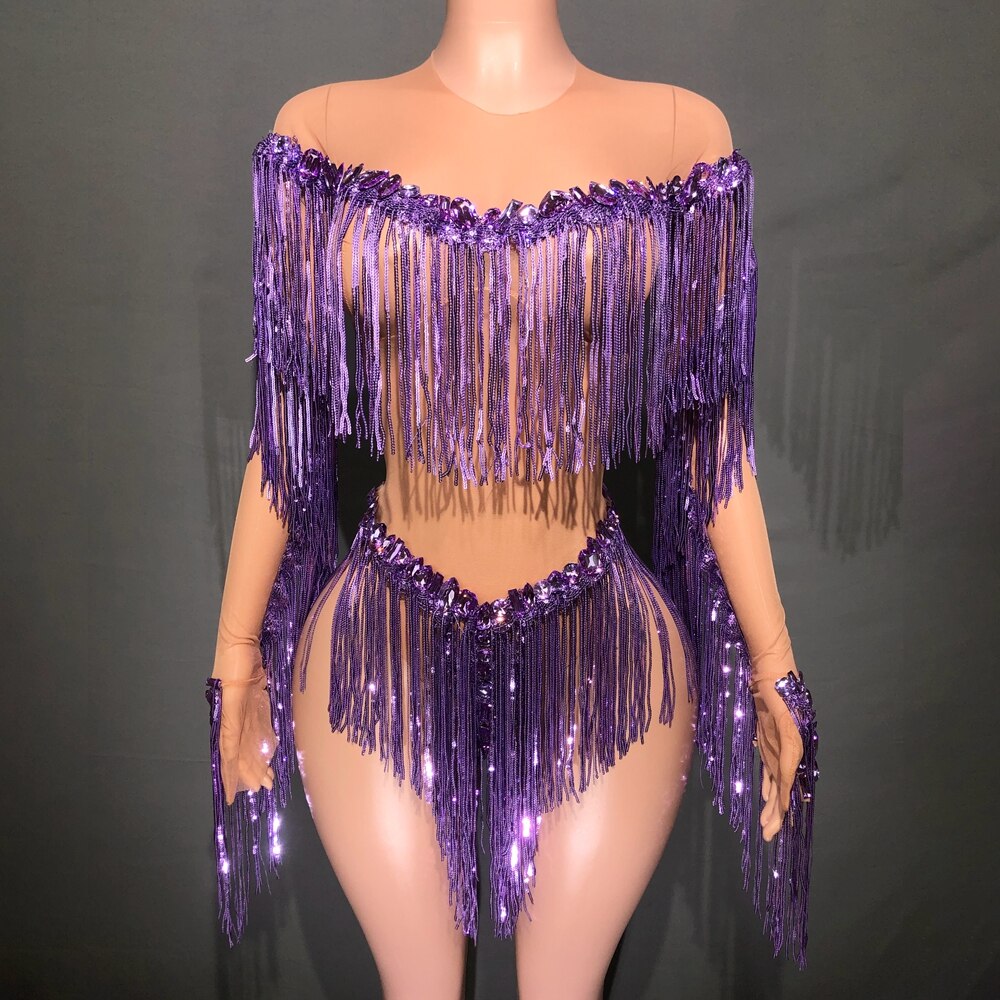Sparkly Rhinestones Sequins Tassel Leotard Sexy Mesh Transparent Danc