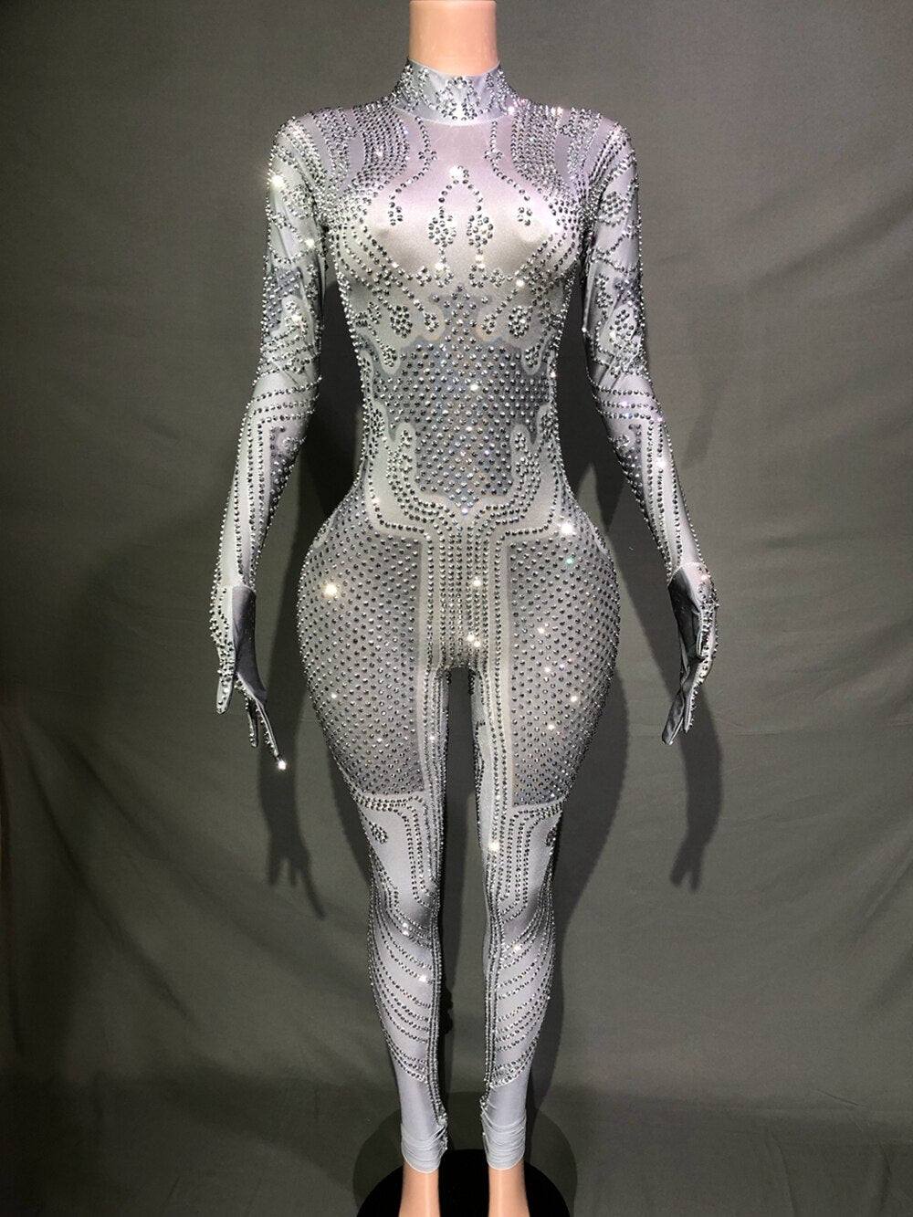 Sparkly Silver Rhinestones Skinny Jumpsuit Gloves for Women Sexy Nightclub Party Outfit Dancer Performance Costume Stage Wear