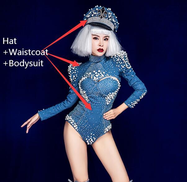 Stage Show Sexy Performance Costume Long Sleeve Glass Rhinestones Pearls Modern dance Blue Denim Pearl Bodysuit