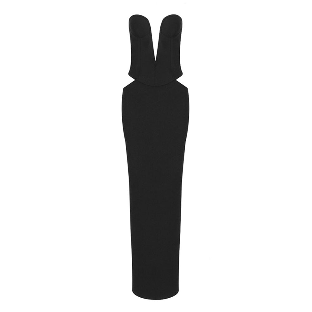 Steel Ring Tube Top Hollow Out Waist Elastic Knitted Long Skirt Strapless V Neck Vest Two-piece Women Bandage Dress Set