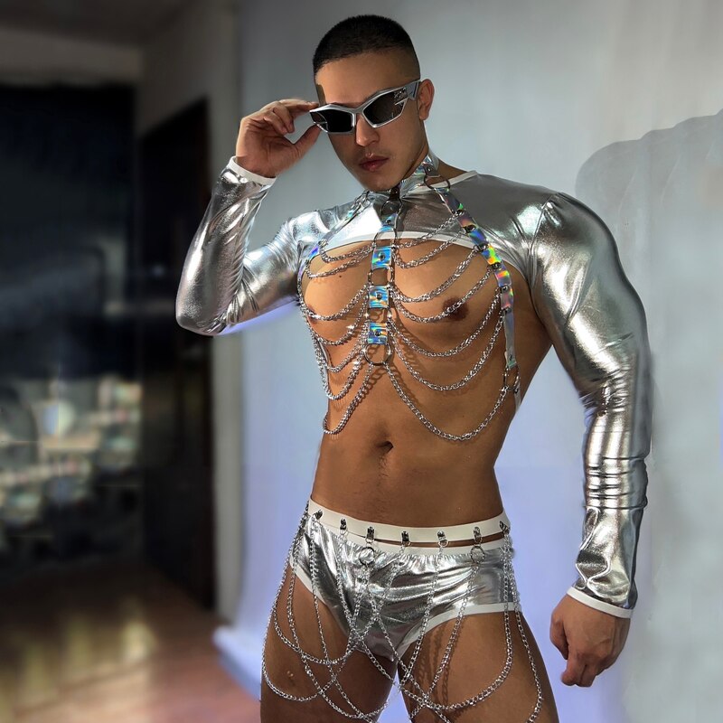 Tech Silver Top Shorts Sexy Laser Chest Chain Bar Men Dj Ds Party Pole Dancing Wear Stage Gogo Dance Festival Outfit