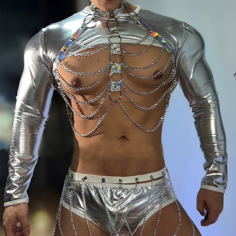 Tech Silver Top Shorts Sexy Laser Chest Chain Bar Men Dj Ds Party Pole Dancing Wear Stage Gogo Dance Festival Outfit