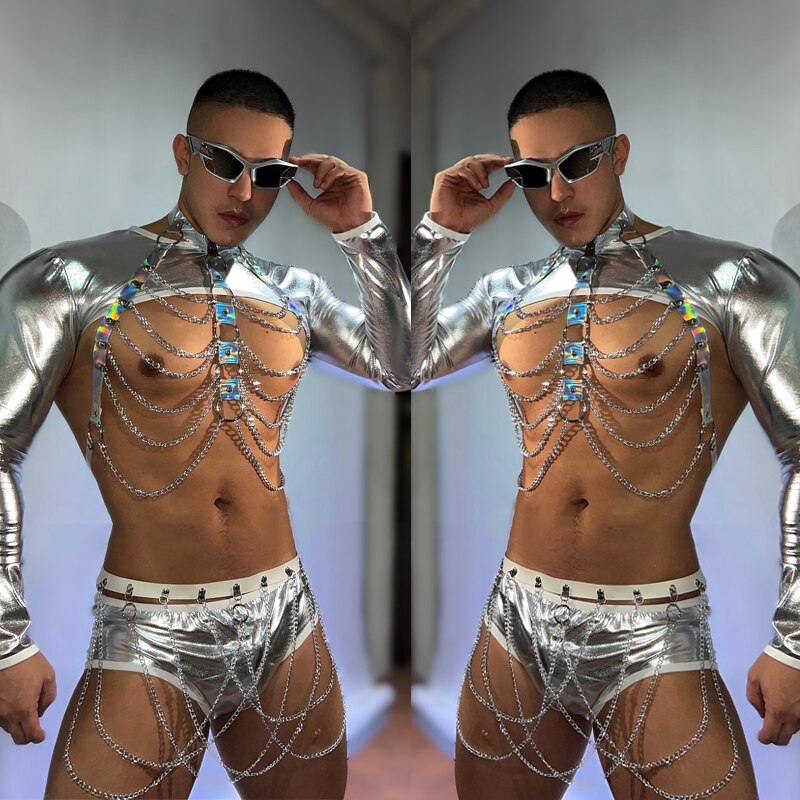 Tech Silver Top Shorts Sexy Laser Chest Chain Bar Men Dj Ds Party Pole Dancing Wear Stage Gogo Dance Festival Outfit