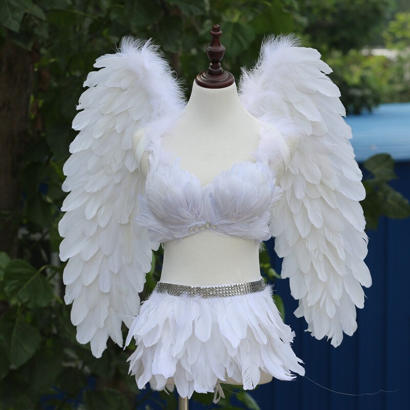 White Angel Costume Feather Angel Wings +bra+ Skirts Full Set Nightclub Singer Dancer Performance Role Costume