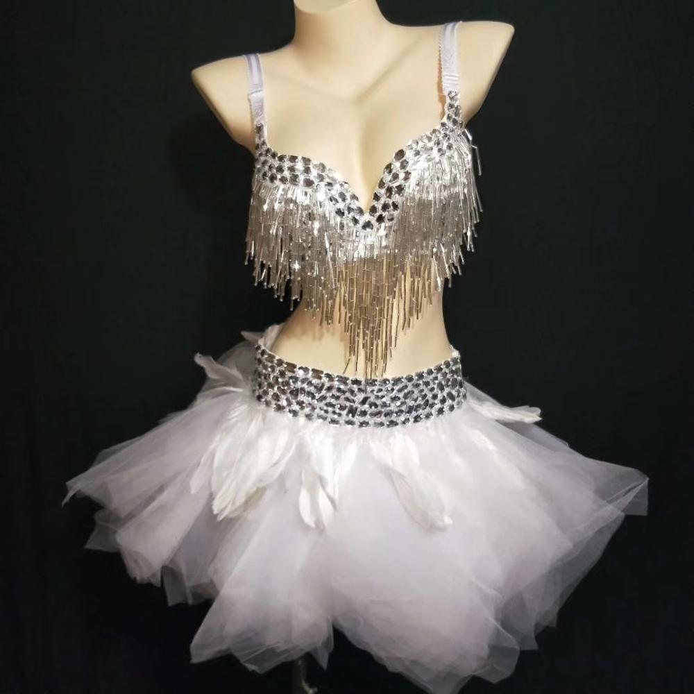 Women Crystal Bikini Sets Sexy Bra+feather Bubble Skirt Nightclub Pole Dance Outfits Set Celebration Singer Performance Costumes