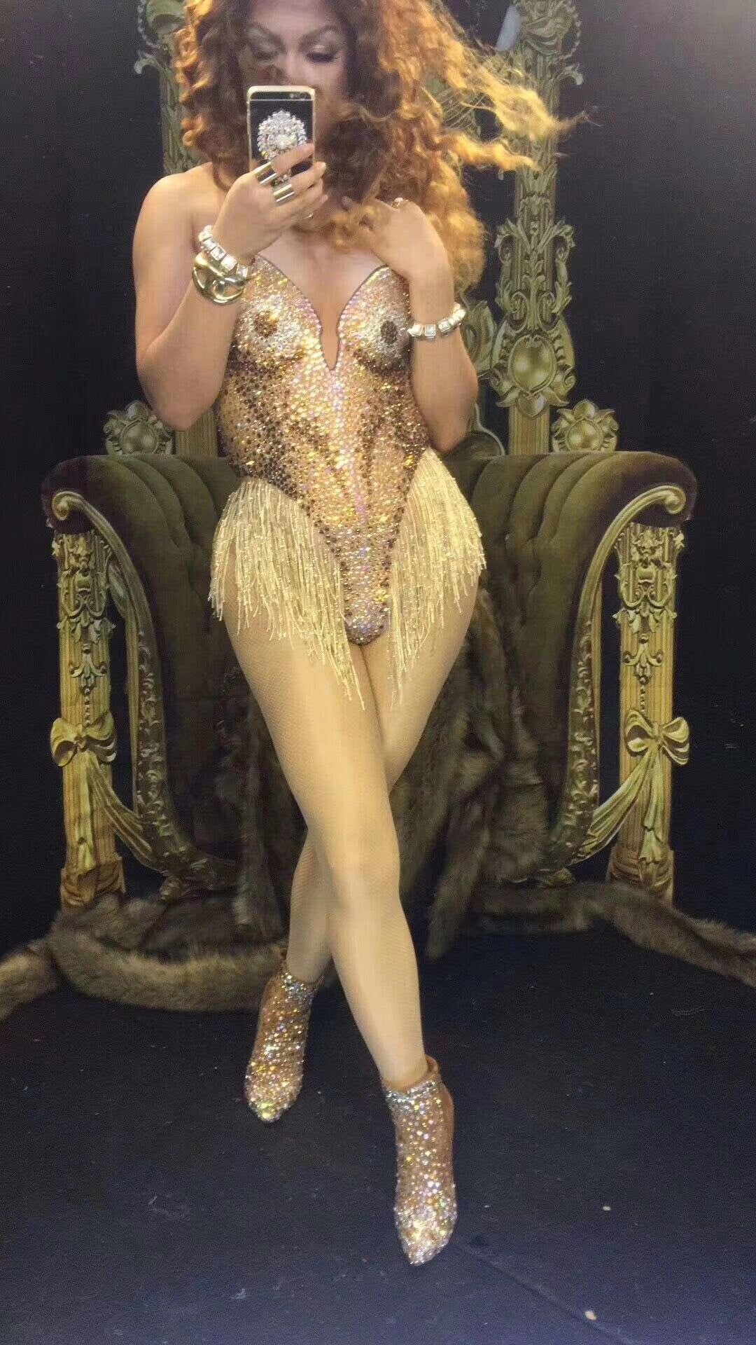 Women Gold Rhinestones Bodysuit Tassel Sexy Bar Gogo Stage Performance Costume Nightclub Singer Dance Latin Show Bodysuits