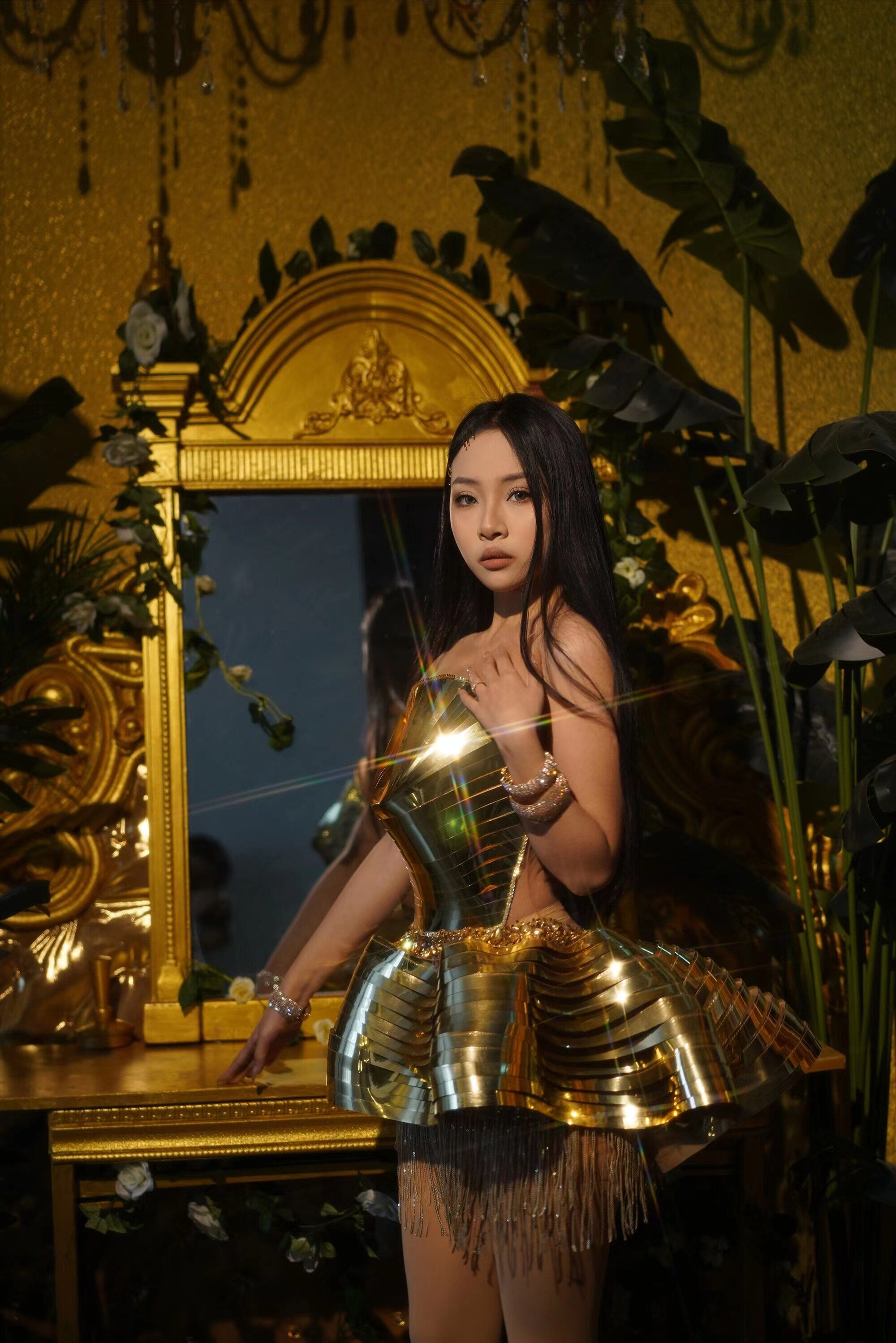 Women Gold Sequin Rhinestones Tassels Short Dress Drag Queen Stage Show Prop Wear Celebriate Performance Costume Outfit