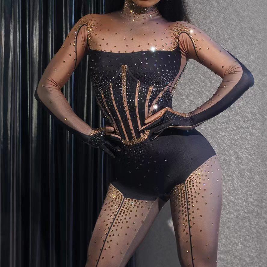 Women Jumpsuit Golves Diamonds Sexy Bodycon Spandex Purple Rompers Bar Club Wear Performance Bodysuit for Stage Wear