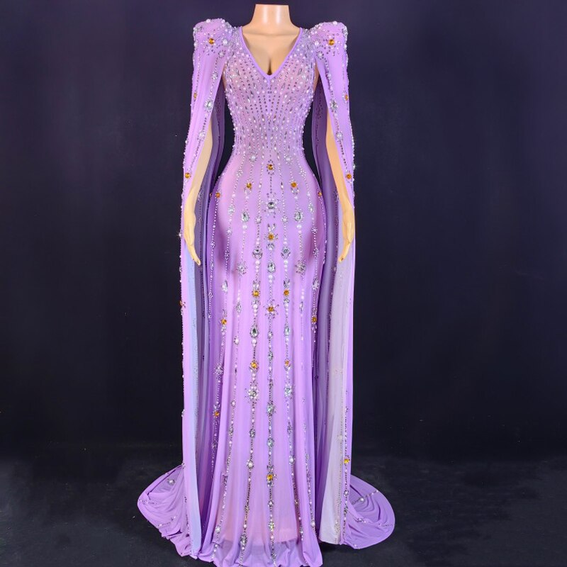 Women Party Singer Dress Vintage Pearls Rhinestones Long Dress Purple Shawl Stage Evening Prom Dresses Festival Outfit
