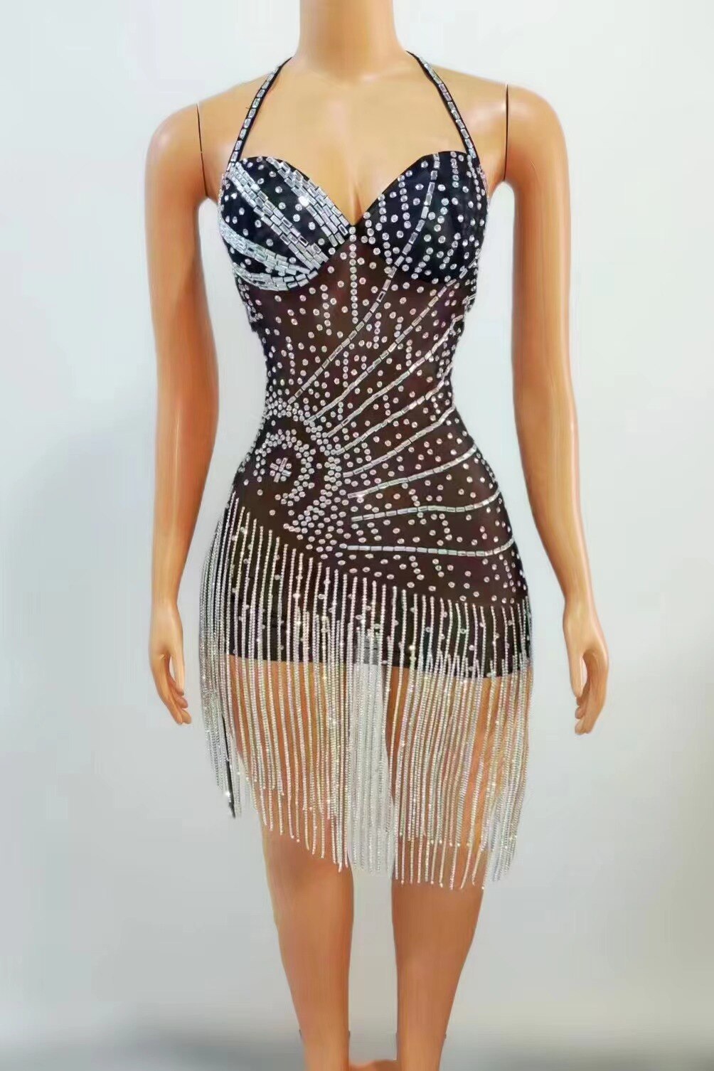 Women Sexy Silver Rhinestones Chain Fringes Transparent Black Short Dress Evening Dance Dress Birthday Celebrate Club Costume