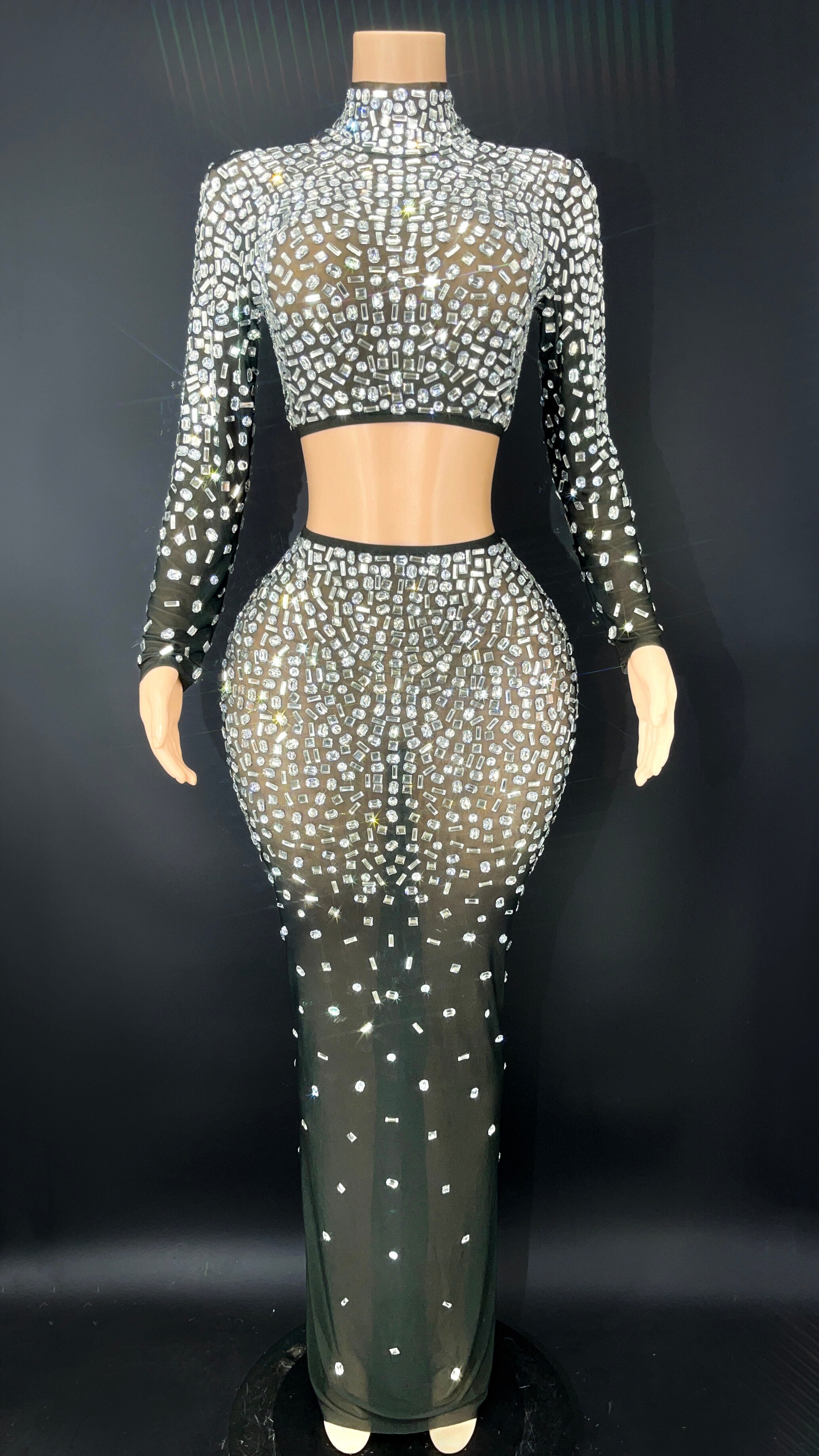 Women Sexy Sparkly Rhinestones Top Long Skirt Transparent Stretchy Two Pieces Set Celebrate Evening Prom Gown Birthday Dress