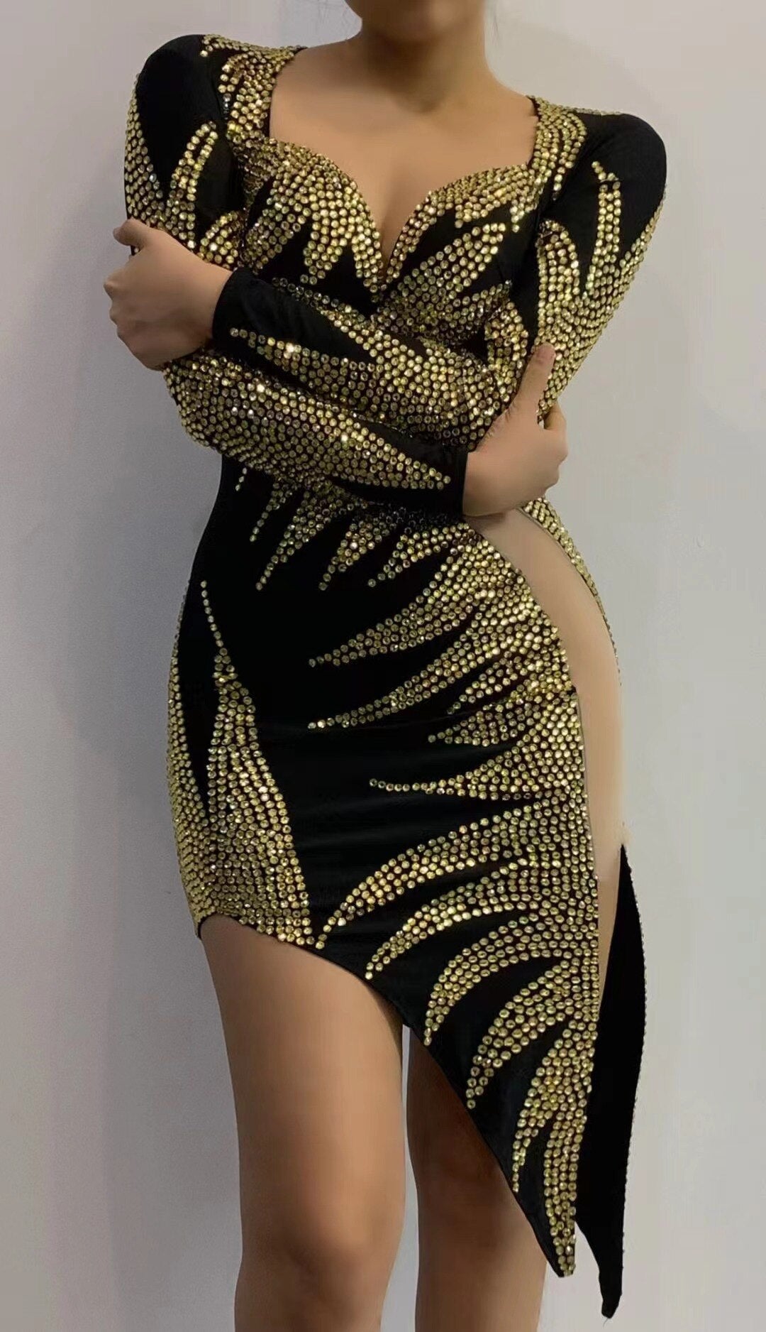 Women Sexy Stage Gold Rhinestones Long Sleeves Black Velvet Dress Dance Stage Show Evening Costume Birthday Celebrate Outfit