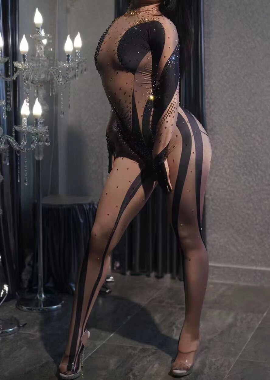 Women Sexy Stage Sparkly Rhinestones Stretchy Jumpsuit Gloves Pole Dance Costume NightClub Party Dancer Performance Stage Wear