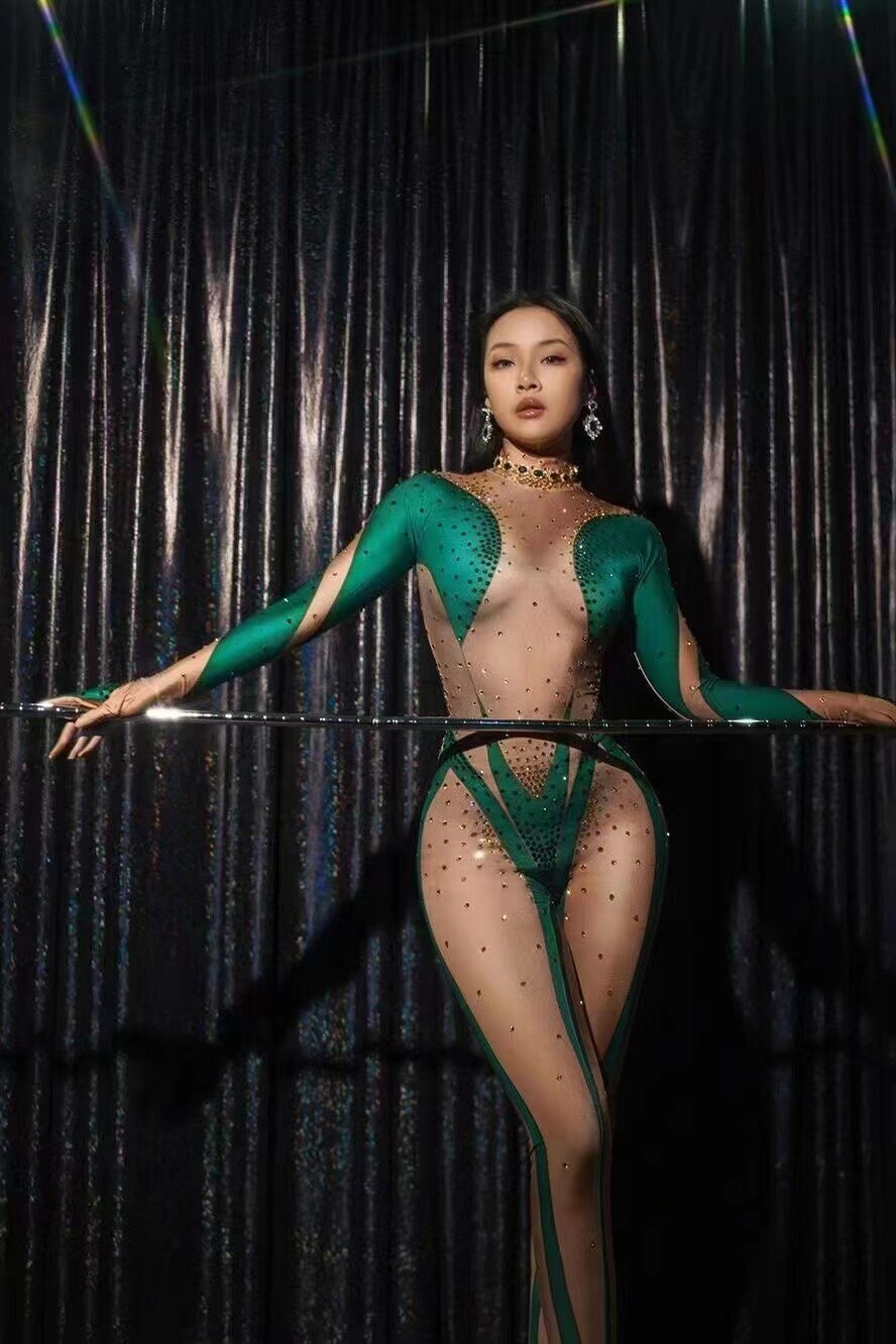 Women Sexy Stage Sparkly Rhinestones Stretchy Jumpsuit Gloves Pole Dance Costume NightClub Party Dancer Performance Stage Wear