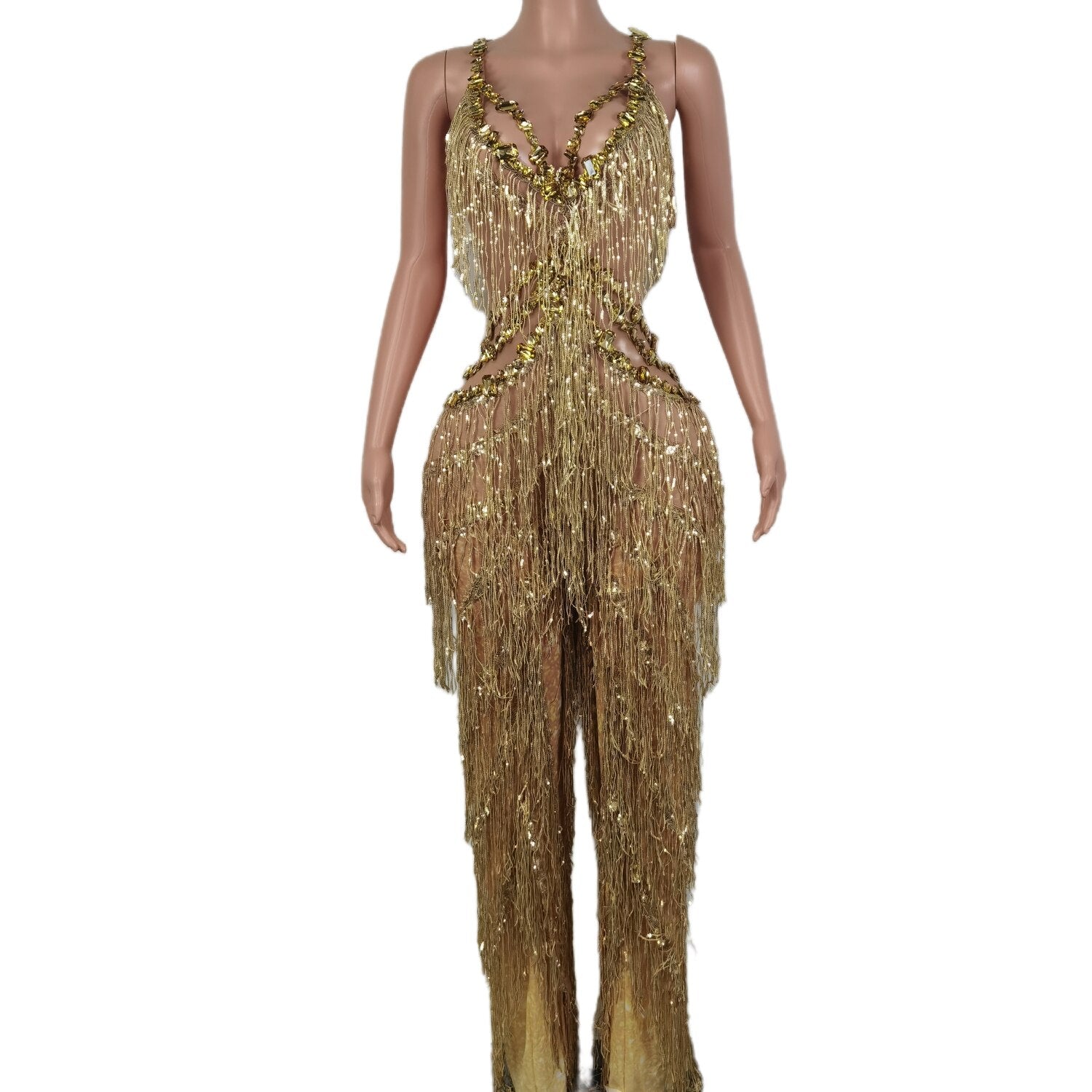 Women Sleeveless Jumpsuit Sparkly Gold Sequins Rhinestones Rompers Outfit