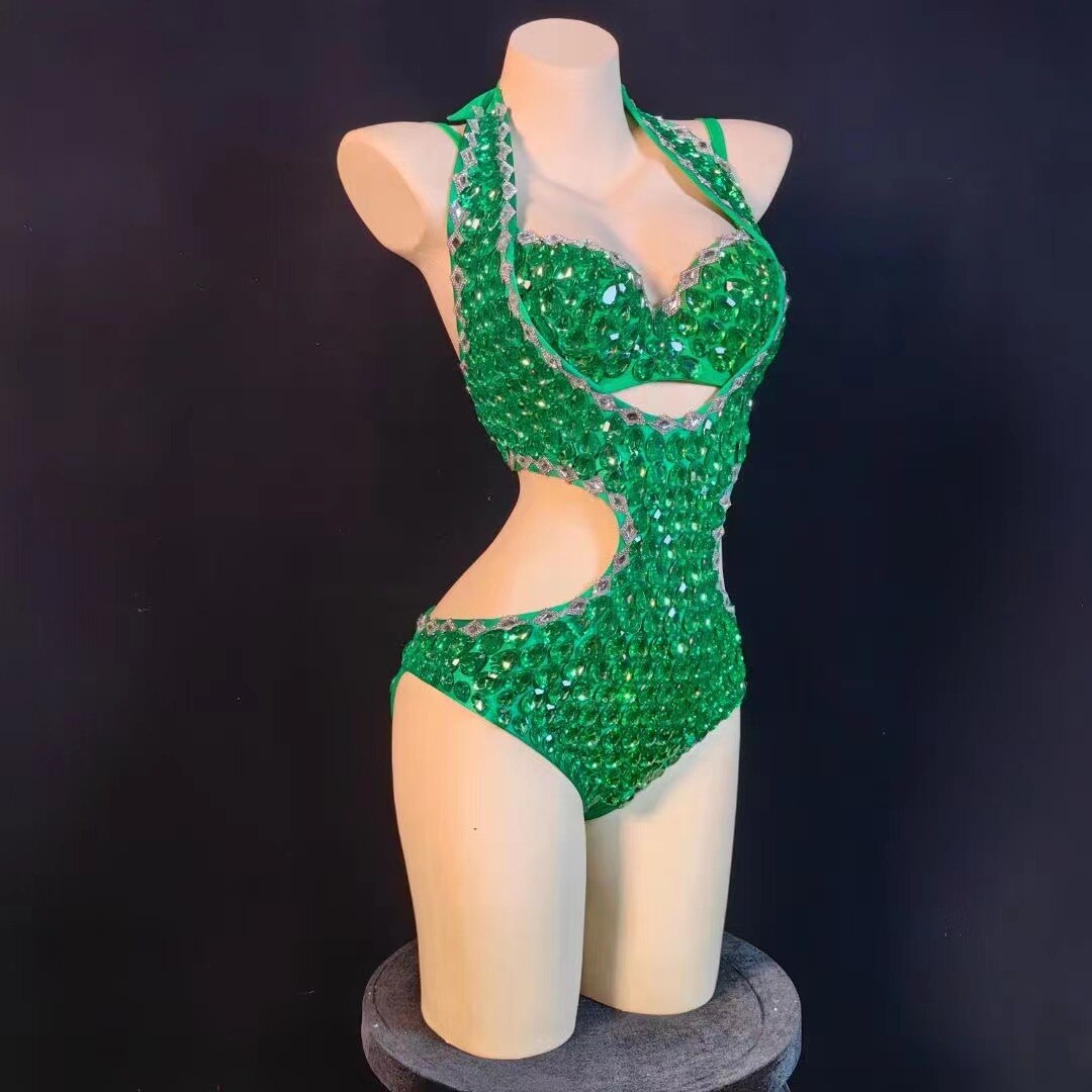 Women Stage Rhinestone Crystals Bodysuits Costumes Sexy Green Bra Short Clothing Set Female Singer DJ DS Dance Stage Wear